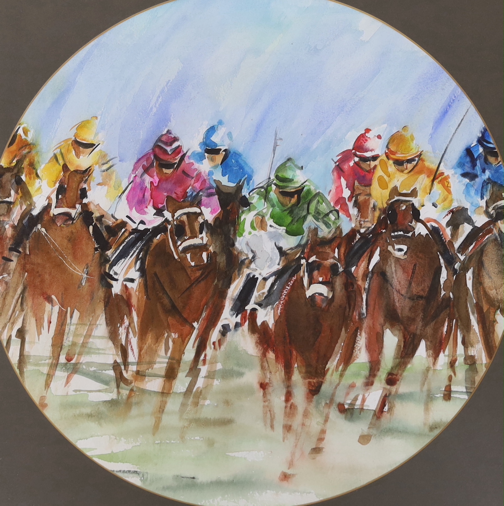 Horse racing interest, two watercolours, Jockeys on horseback, one indistinctly signed, possibly K J West, largest 40 x 40cm